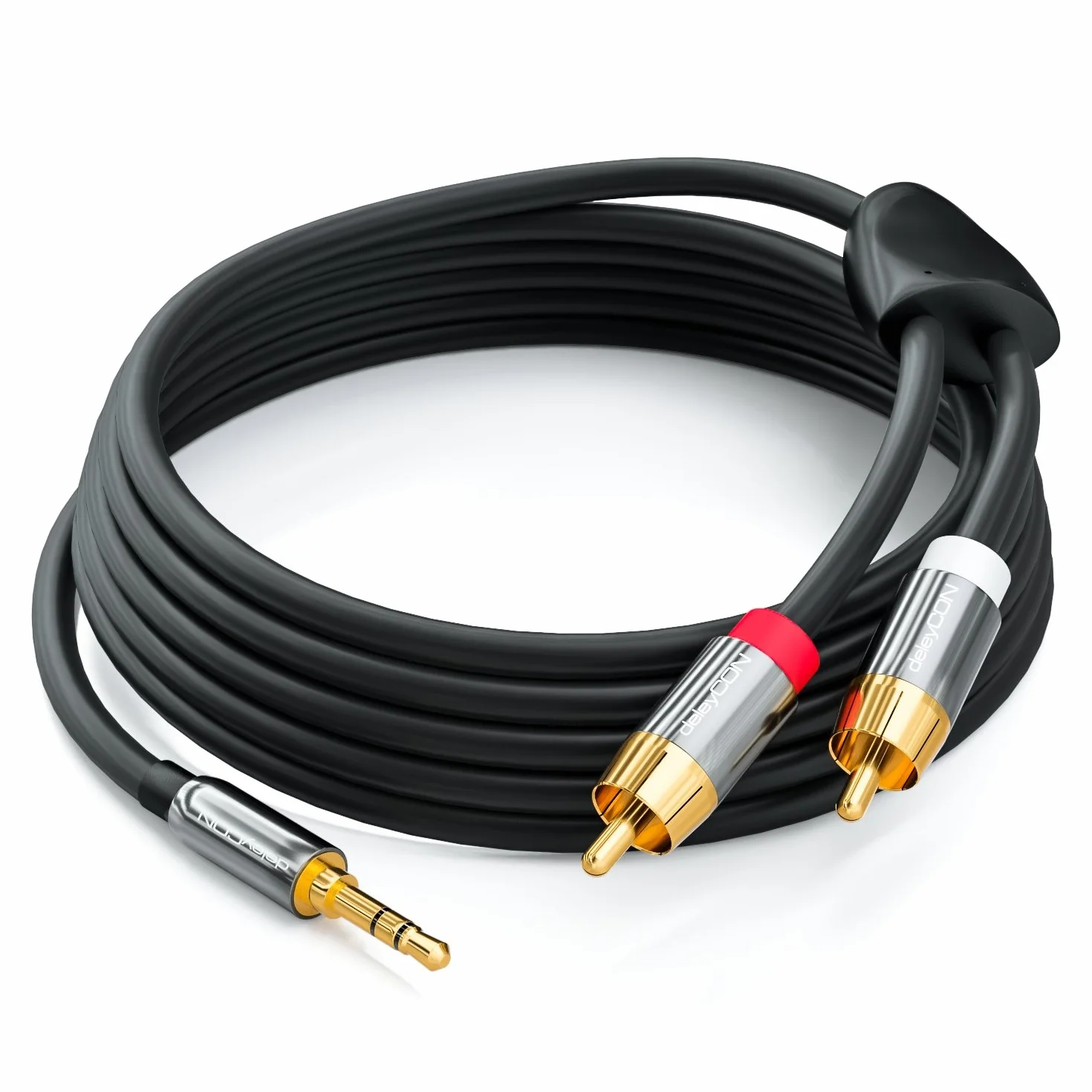 deleyCON 10m câble jack Cinch 3,5mm Jack vers Cinch RCA Stéréo Câble audio 1x prise jack sur 2x fiche RCA Cinch connecteurs métalliques - Noir