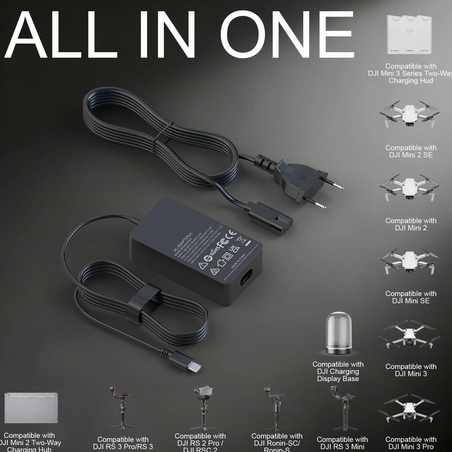 shefor Chargeur pour DJI, 65W USB C Chargeur pour DJI Avata Mini 2 SE, 4 Pro 3 Pro Air 3 2S Mavic 3 Classic Cine Goggles 2, stabilisateurs de Drone, caméras de Sport JBL Xtreme 3 Alimentation