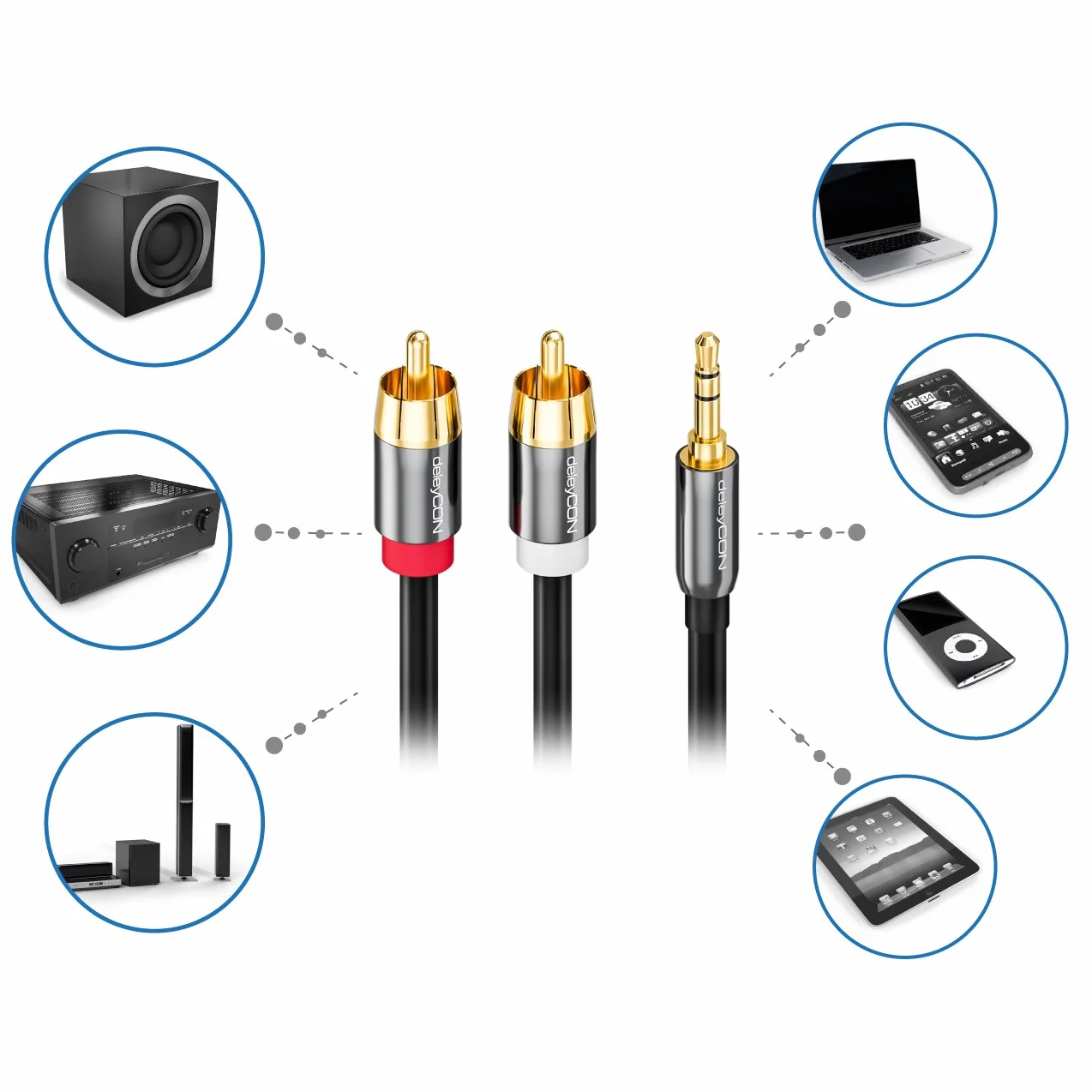 deleyCON 10m câble jack Cinch 3,5mm Jack vers Cinch RCA Stéréo Câble audio 1x prise jack sur 2x fiche RCA Cinch connecteurs métalliques - Noir